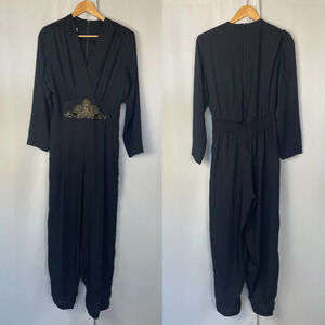 Joan Walters Vintage Jumpsuit Size 12 Black Solid Gold Beaded Retro Disco 80s